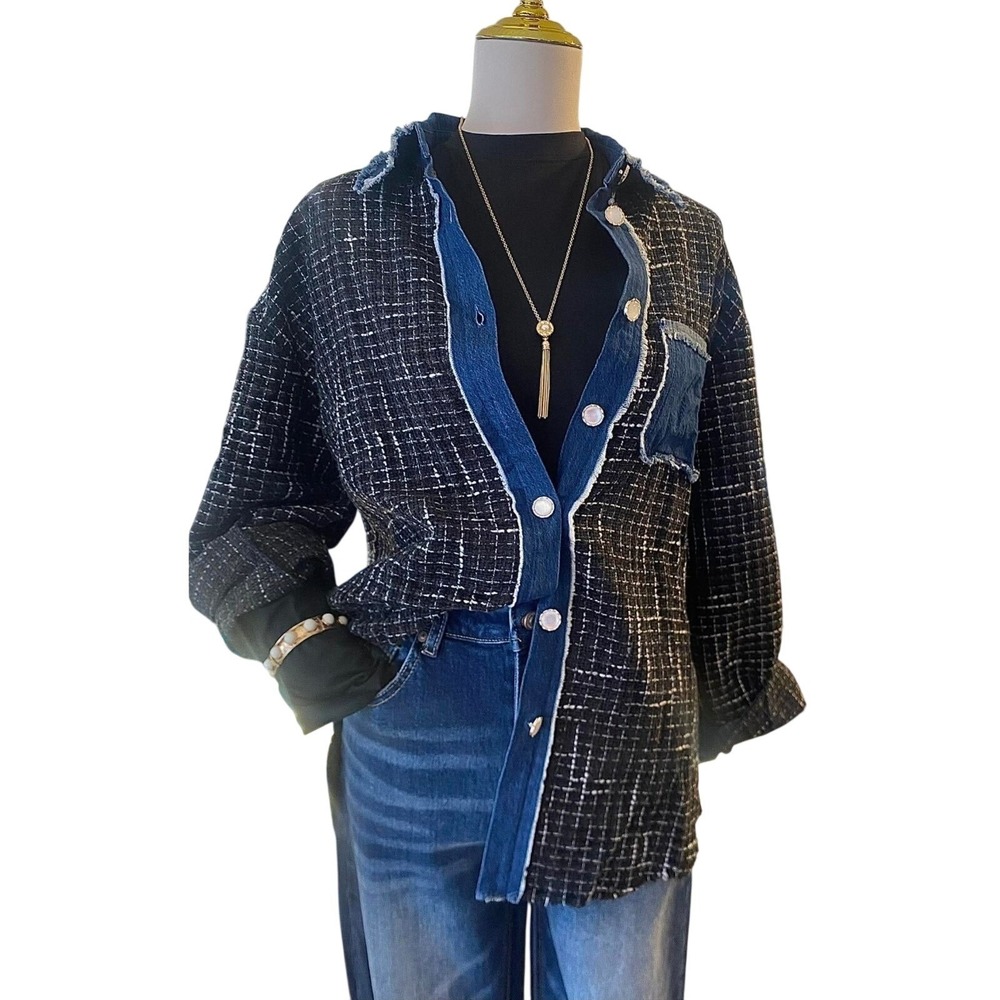 Umgee Boho Western Oversized Tweed Denim Shacket Black Blue Small
